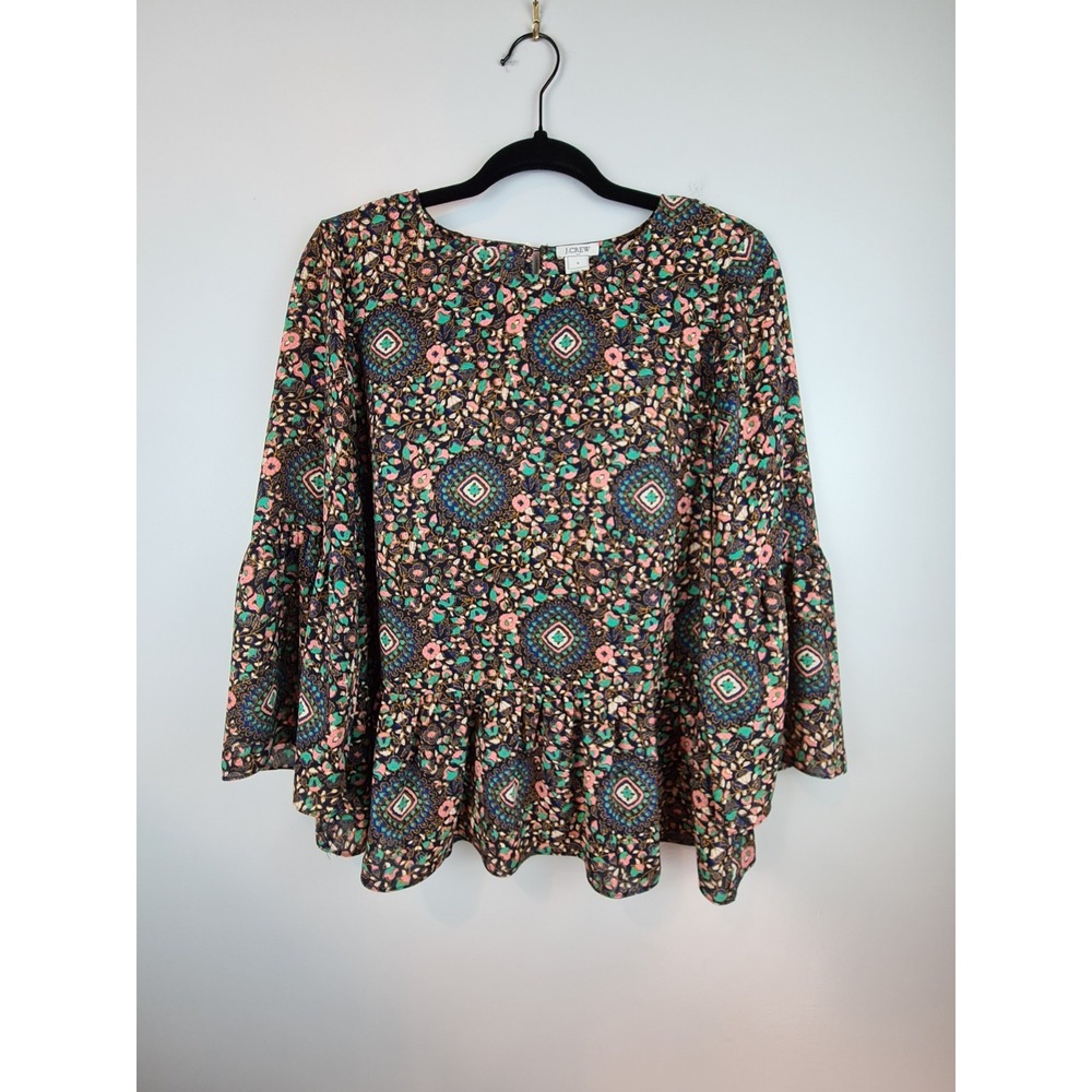 J. Crew Womens Floral Boho Bell Sleeve Peplum Top Blouse S Multi-Color Geometric